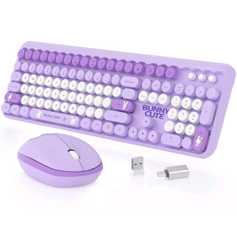 As-New Wireless Keyboard and Mouse Combo, Mofii 106 Round Keys with OTG Adapter Full Size Cute Colorful Bunny Cute Design Wireless Typewriter for MacBook Windows Laptop Tablet Purple