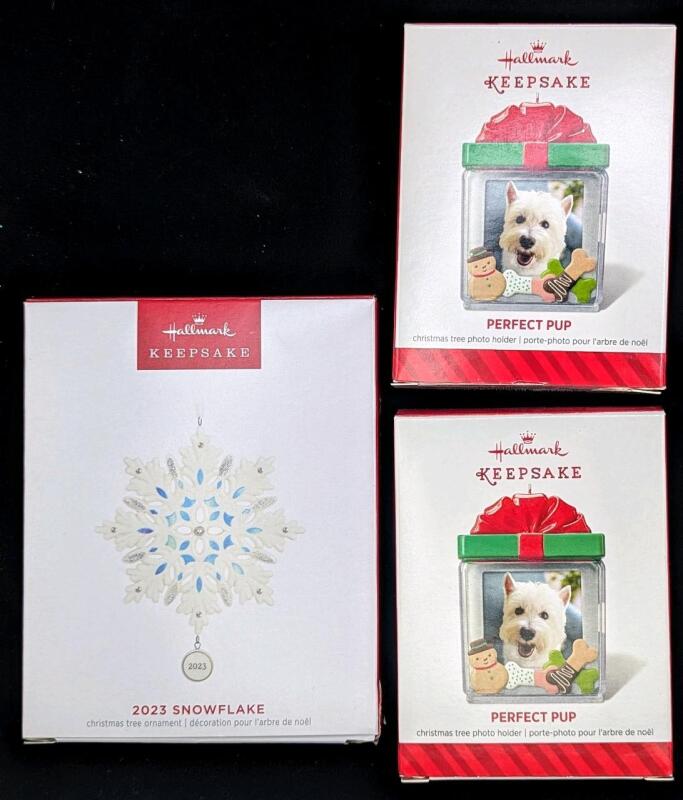 3 New Hallmark Keepsake Ornaments: 2&times; Perfect Pup Photo Holder Ornaments 3.5" & 2023 Snowflake Ornament 4.5" Long
