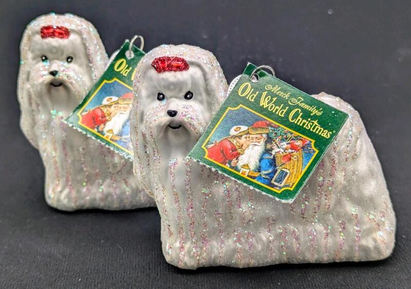 2 New Old World Christmas Blown Glass Maltese Dog Ornaments, 3" Tall Each