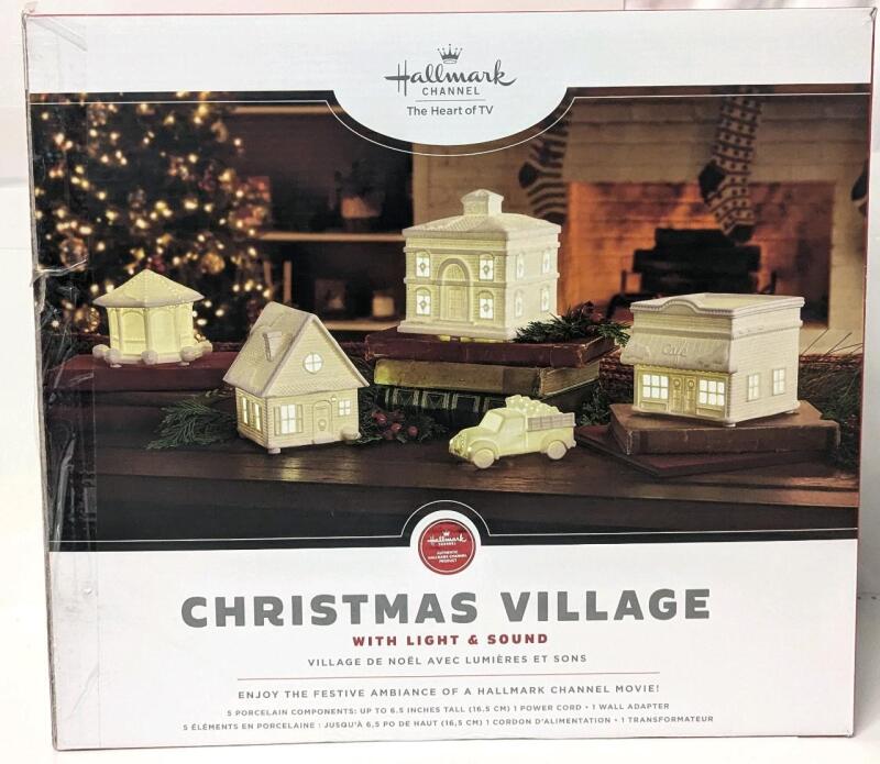 As-New Hallmark Channel CHRISTMAS VILLAGE With Light & Sound: 5 Porcelain Buildings/Vehicle Up To 6.5" Tall