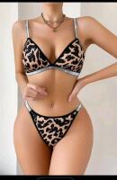 New Size MED Women's 2-Piece Glitter Elastic Leopard Print Bralettes & Thong Set