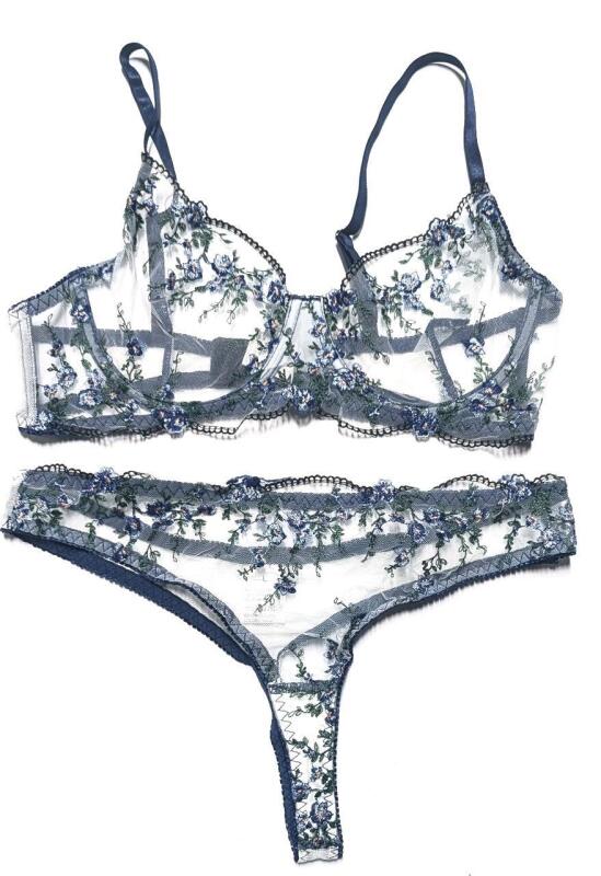 New Size LG Women's 2-Piece Sexy Mesh Peekaboo Embroidered Flower Detail Thong & Bra Set