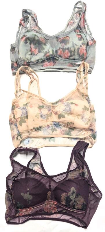 3 New Size 2XL* Women's Lightweight Floral Print Mesh Bralettes (See Photos & Description)