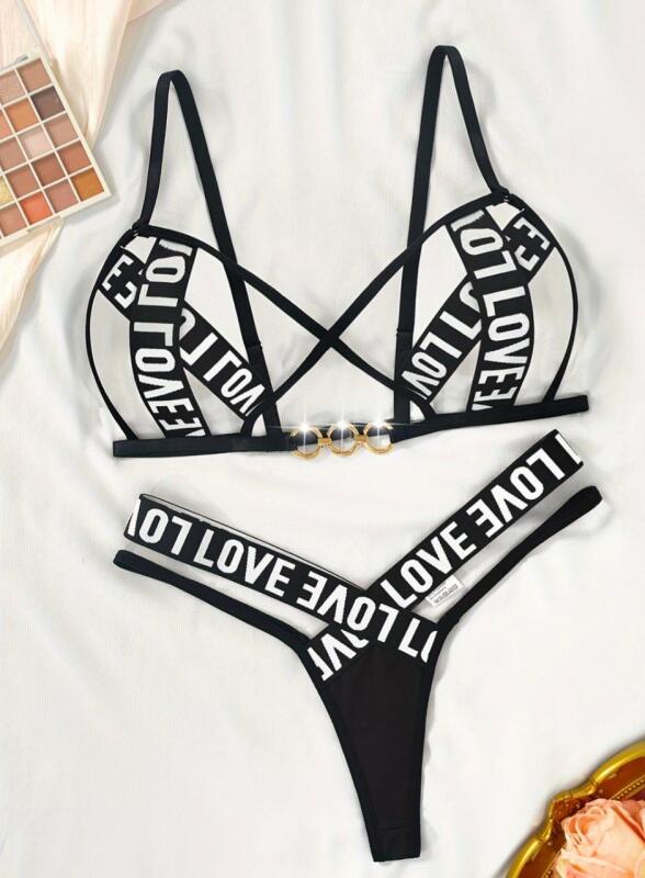 New Size LG Women's 2pc Strappy Love Micro Bra & Thong Panties Lingerie Set