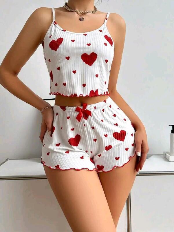 New Size SM Women's 2-Piece Ribbed Hearts Tank & High-Cut Bottoms Pajama Set
