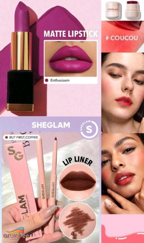 3 New SheGlam Lip Makeups : Matte Allure Lipstick #402 "Enthusiasm" (4g), Jelly-Licious Hydrating Lip & Blush Tint "Coucou" (10g), So Lippy Lip Liner #524 "But First Coffee" (0.25g)