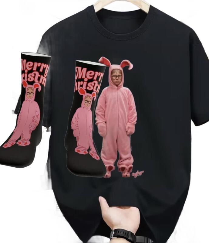 New A Christmas Story Ralphie & Pink Bunny Graphic Tee - Size XL Vintage Movie Shirt, Soft Breathable 100% Cotton Unisex T-Shirt Unisex Aunt Clara&rsquo;s Socks with same Design-see more in description