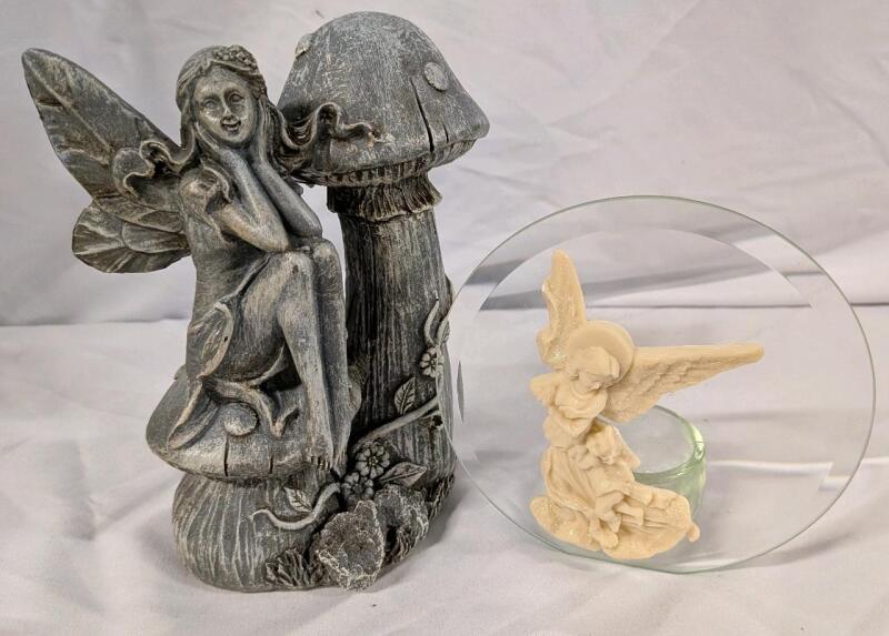 2 Home decor Items. Fairy Statuette (7" Tall) and Angel Tea Light Holder.