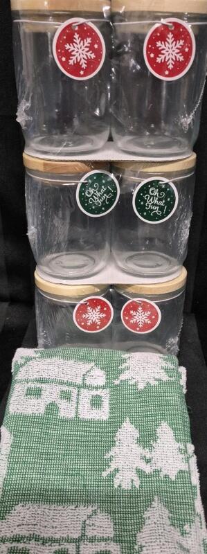 6 New 3.75" Tall Glass Jars & Christmas Hand Towel