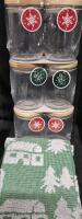 6 New 3.75" Tall Glass Jars & Christmas Hand Towel
