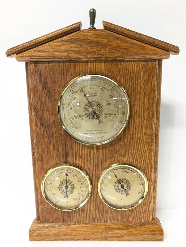 Vintage BAROMASTER France Barometer, Wood Case, Brass Fittings, Freestanding or Wallmounted, 12.5"