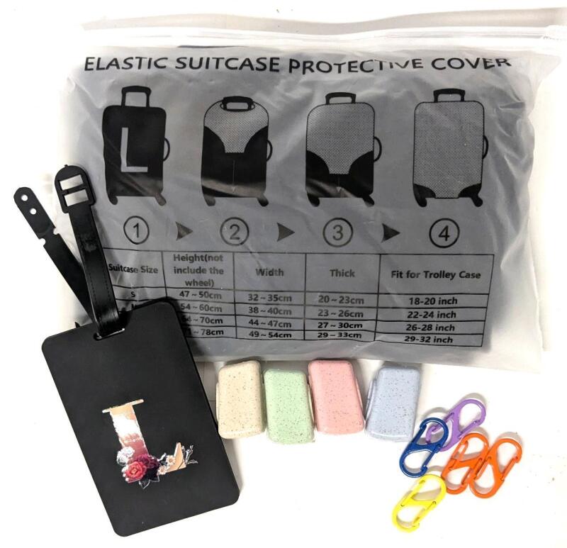 New "L" Branded Protective Elastic Suitcase Cover (LG), "L" Branded Luggage Tag, 4&times; Toothbrush Covers & 6&times; Double-Ended Clips