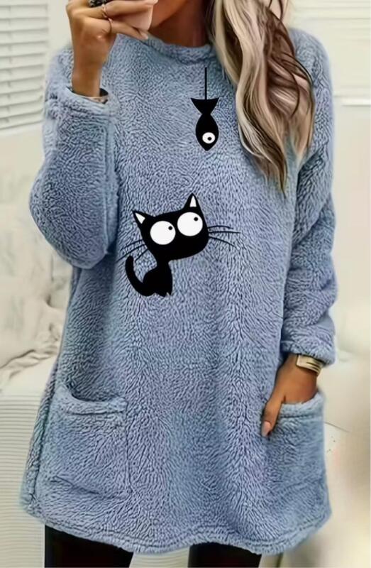 New Size XL Women's Plush Soft Blue Fleece Hooded Sweatshirt with Cute Cat Print & Double-Pocket - Soft Double-Faced Velvet Round Neck Long Sleeve Pullover 100% Polyester Machine Washable Stock photos added