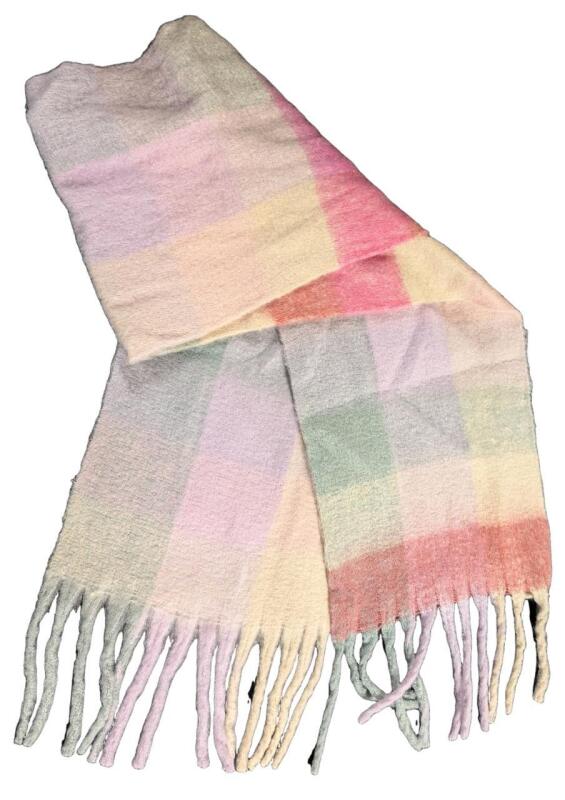 New Super Large Cashmere-Style Pastel Plaid Scarf, 14.5" Wide &times; 82" Long (Excl Tassels)