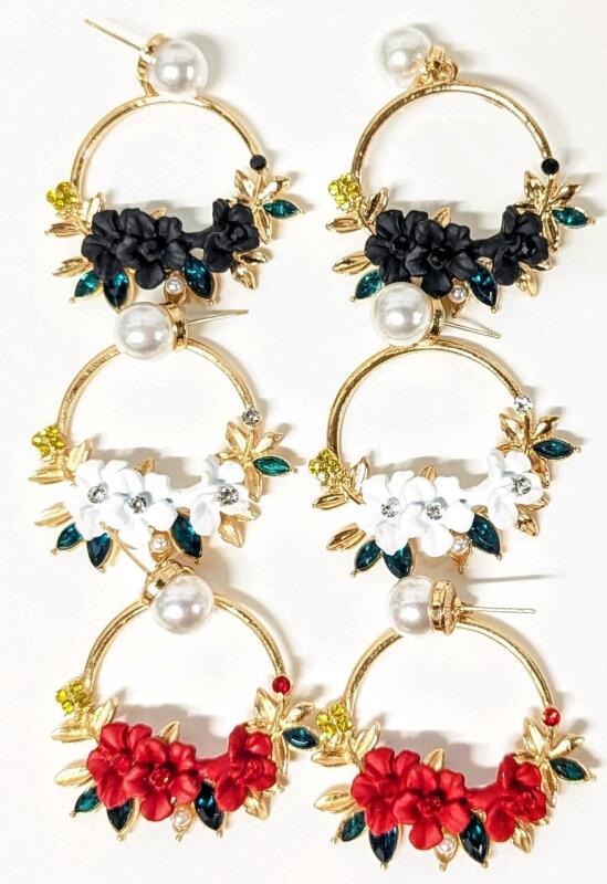3 New Pairs of Pierced Floral Loop Faux Pearl Rhinestone Earrings, 2" Long
