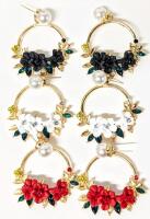 3 New Pairs of Pierced Floral Loop Faux Pearl Rhinestone Earrings, 2" Long