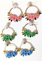 3 New Pairs of Pierced Floral Loop Faux Pearl Rhinestone Earrings, 2" Long