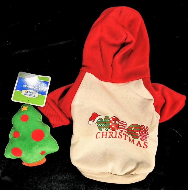New Dog Size Small Christmas Hoodie Sweatee & 6" Squeaky Plush Christmas Tree Toy