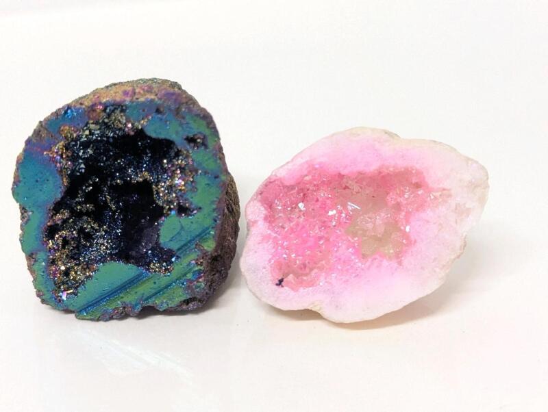 2 Stunning Small Geodes : Peacock Iridescence Aura Quartz & Tinted Pink Quartz, Up to 1.5" Tall