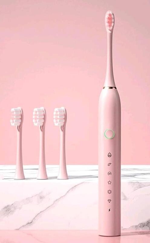 New Pink Rechargeable Waterproof Electric Toothbrush With 3 Soft Brush Heads, Wall Holder, LED Reminder Light, 5 Different Strength Levels, Smart Timer & Excellent Battery Life