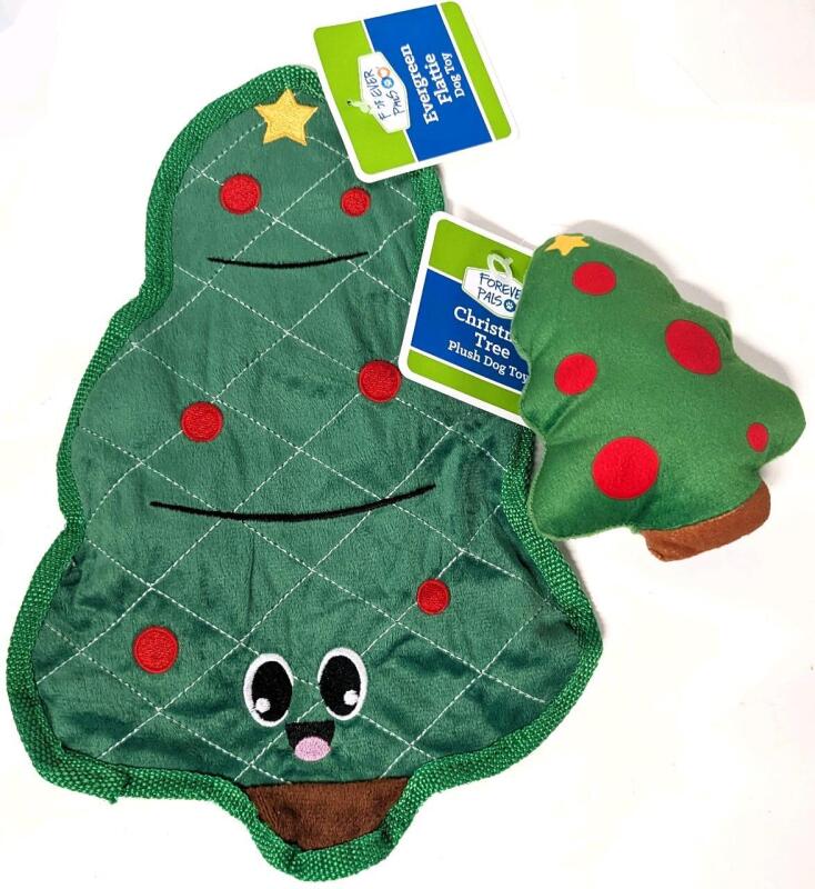 2 New Dog Toys With Squeakers : Evergreen Christmas Tree Crinkle Flattie Toy 13.75" Long & Christmas Tree Plush Toy 6" Long