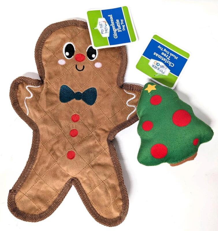 2 New Dog Toys With Squeakers : Gingerbread Crinkle Flattie Toy 12.75" Long & Christmas Tree Plush Toy 6" Long
