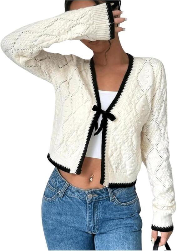 New Size Med Women's Bow Tie Front Cropped Cardigan Sweater