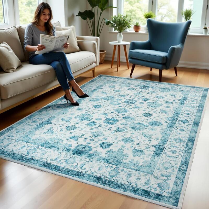 New Zentavio 5x7 Washable Area Rugs, Vintage Non-Slip Floral Living Room Rug, Indoor Foldable Floor Thin Low Pile Carpet for Farmhouse Bedroom Dining Room Blue