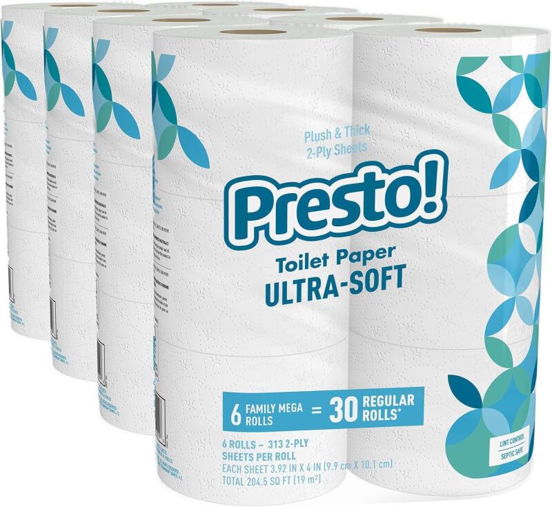 New Amazon Brand - Presto! 2-Ply Ultra-Soft Toilet Paper, 24 Family Mega Rolls = 120 regular rolls, 6 Count (Pack of 4), Unscented