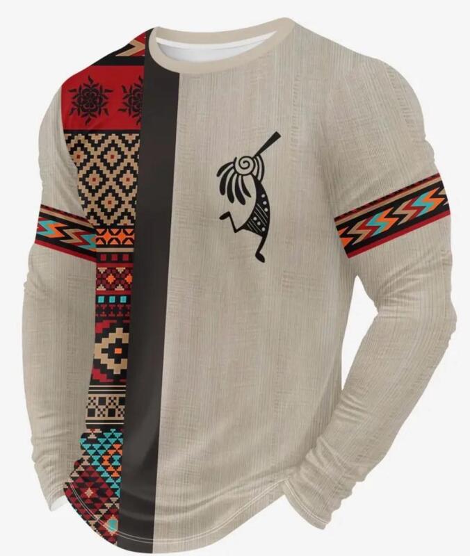 New Men&rsquo;s Size XXL Men's 3D Kokopelli Tribal Print Long Sleeve T-Shirt - Breathable Southwestern -Inspired (Turquoise/Red/Black/Khaki) - Round Neck Regular Fit 100% Polyester Machine Washable Stock Photos added