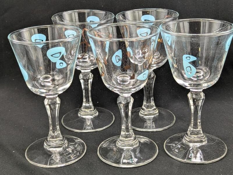 5 MCM Vintage Atomic Amoeba Boomerang Sherry Glasses - Turquoise and Gold, 5.25" Tall, No Chips or Cracks, Some Gilt Loss On Some Glasses