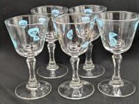 5 MCM Vintage Atomic Amoeba Boomerang Sherry Glasses - Turquoise and Gold, 5.25" Tall, No Chips or Cracks, Some Gilt Loss On Some Glasses