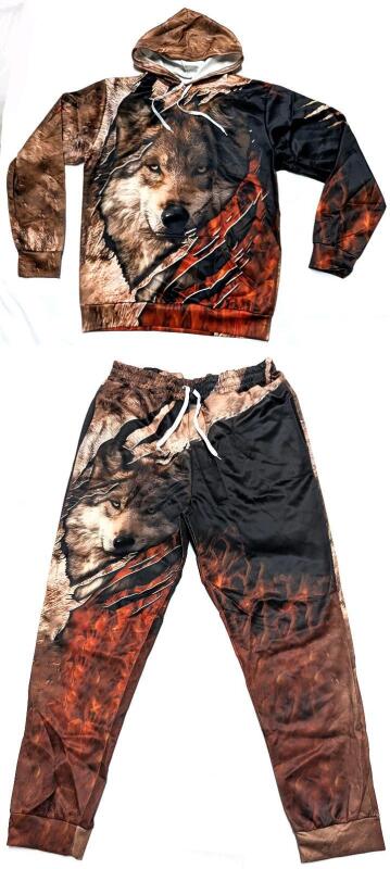 New Size XXL Men's 2-Piece Wolf All-Over Print Hoodie & Jogging Pants Set
