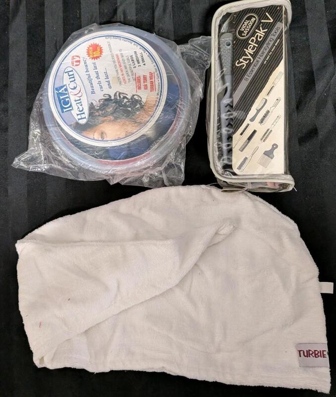 Haircare Lot. 1 Turbie Twist Hair Towel, 1 Igi&aacute; Heat & Curl Hair Rollers 10 pack & 1 Vidal Sassoon StylePak 5
