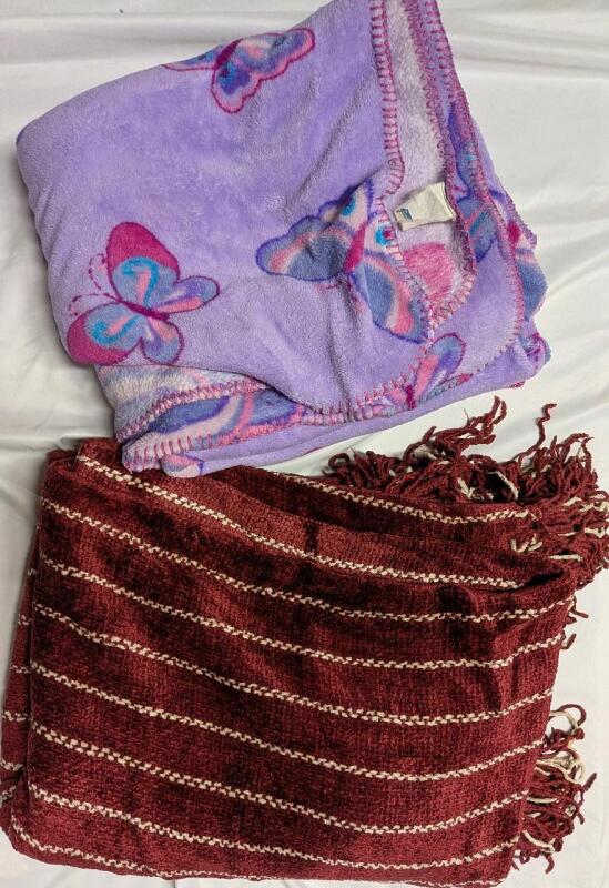 2 Blankets. Butterfly Measures 69" by 48". Tassled Measures 50" by 64"