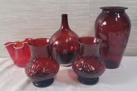 Five (5) Cranberry Red Vases . Measures 4" to 9" tall .