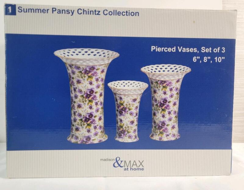 Madison & Max Set of 3 Summer Pansy Chintz Pierced Vases . Measures 6" , 8" & 10" tall
