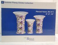Madison & Max Set of 3 Summer Pansy Chintz Pierced Vases . Measures 6" , 8" & 10" tall