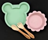 New Silicone Baby Dishes: Mickey Mouse-Shaped Dish, 4" Diam Lion Bowl With Suction Bottom & Silicone-Tipped Wooden Spoon & Fork