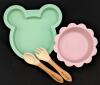 New Silicone Baby Dishes: Mickey Mouse-Shaped Dish, 4" Diam Lion Bowl With Suction Bottom & Silicone-Tipped Wooden Spoon & Fork