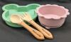 New Silicone Baby Dishes: Mickey Mouse-Shaped Dish, 4" Diam Lion Bowl With Suction Bottom & Silicone-Tipped Wooden Spoon & Fork - 2