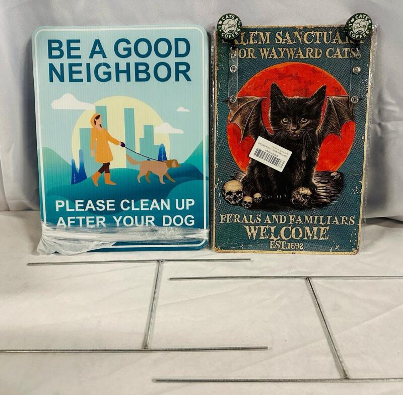 3 New Animal Signs, Includes Black Cat Salem Metal Sign with Buttons (8&rdquo; x 12&rdquo;) and 2 &ldquo;Clean Up After Your Dog&rdquo; Yard Signs with Pegs