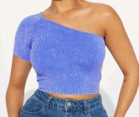 New - Women's Size S/M Fashion Nova Sammie Washed Shoulder Top , Blue