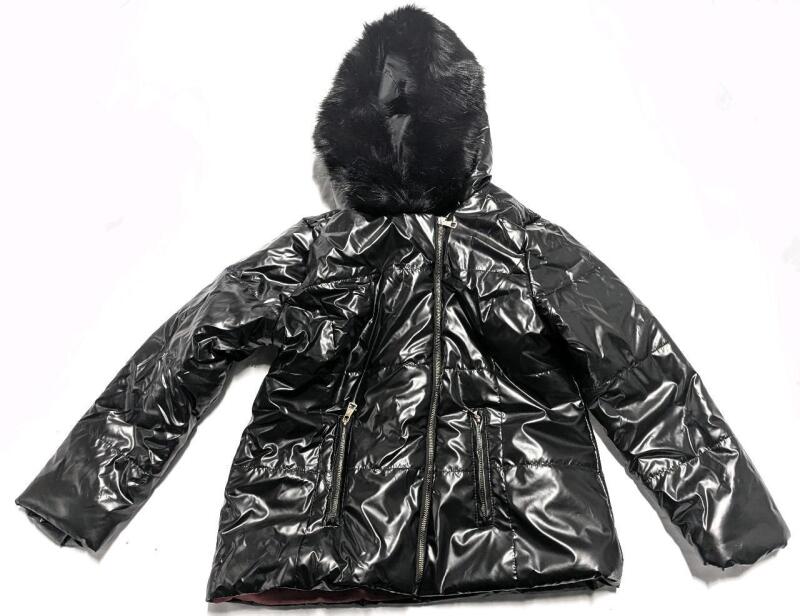 New Youth/Teen Size Med Shiny Puffer Coat With Faux Fur-Lined Attatched Hood