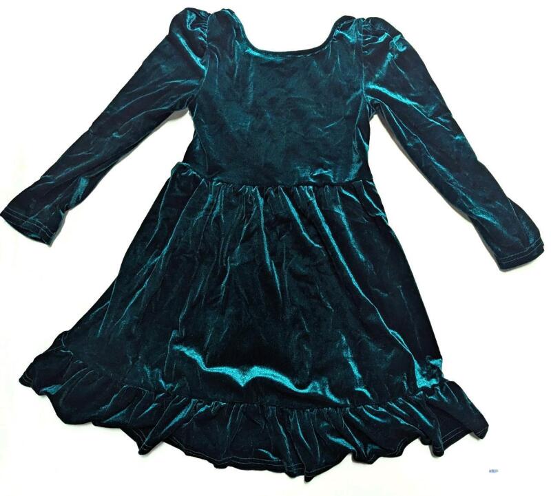 New Girl's Size 7Y Green Velvet Long-Sleeve Dress With Cascading Bows At Back