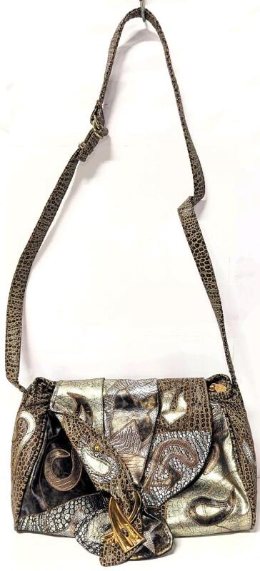 Vintage Aientino Funky Faux Leather Metallic Patchwork Animal Print Purse, 14" &times; 6" &times; 8.5"