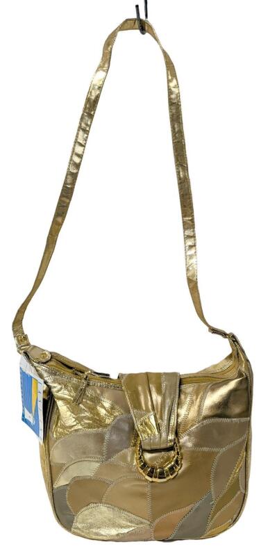 Vintage New EAST END Golden Metallic Double-Zippered Compartment Genuine Leather Purse, 12" &times; 3" &times; 11"