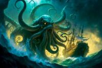 GIANT New 90.5" &times; 70.8" Cthulhu/Kraken Vs Ships Cloth Wall Hanging (Had to take Pics Folded, As It Was Just Too Big!)