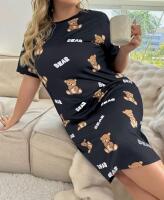 New Size 2XL Cute Nightdress Women's Bear & Letter Print Short Sleeve Crew Neck Sleep Dress 95% Polyester 5% Elastane Machine Washable Stock photos added