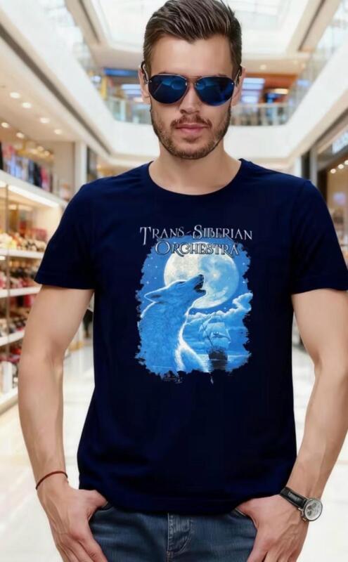 New Size XXL Unisex Trans-Siberian Orchestra Logo T-Shirt - Iconic Wolf Howling at Moon & Print, White with Blue Logo, Casual Round Neck Short Sleeve Tee (Machine Washable) 100% Knit Fabric Polyester Stock photos added